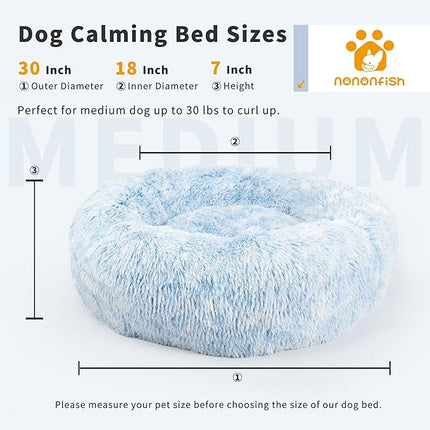 Dog Beds for Medium Dogs Washable Calming Blue Fluffy and Soft Anti Anxiety Faux Fur Round 30 in Pet Bed for Doggie