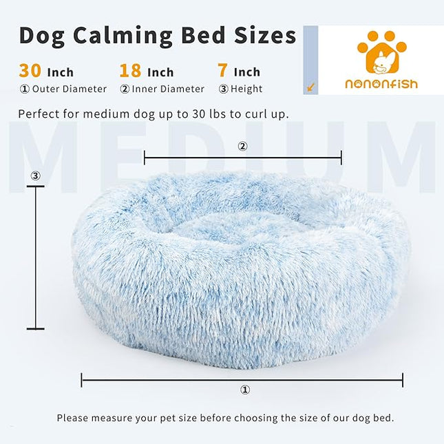 Dog Beds for Medium Dogs Washable Calming Blue Fluffy and Soft Anti Anxiety Faux Fur Round 30 in Pet Bed for Doggie