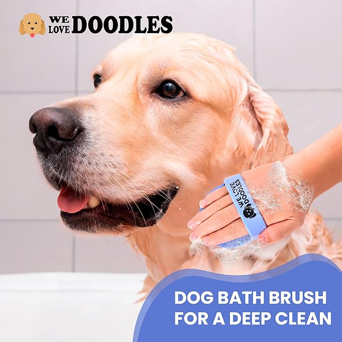 Dog Grooming Bath Brush, Pet Rubber Brush For Shower Scrubbing & Soothing Massage, Ideal for Long & Short Haired Dogs and Cats, Essential Puppy Grooming Accessories, Short Pins [We Love Doodles]