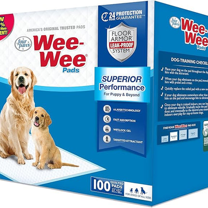 Four Paws Wee-Wee Superior Performance Unscented Pee Pads for Dogs & Puppies, Quilted Leak-Proof Dog Housebreaking Potty Training Floor Protection, 22" x 23", 100 Count