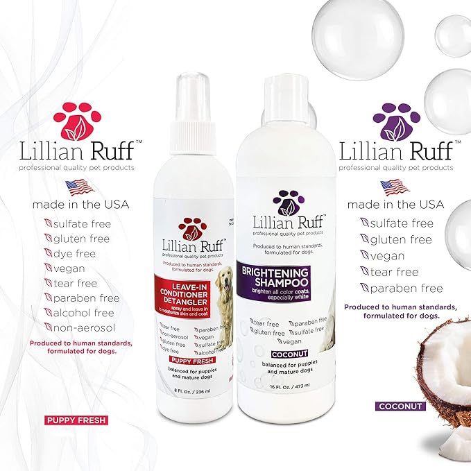 Lillian Ruff PRO Formula Ultra Brightening Dog Shampoo & Leave-in Conditioner Detangler Set - Professional Whitening, Stain Removal, Dematting, Detangling & Odor Control with Aloe & Provitamin B5