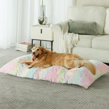 BFPETHOME Dog Beds for Large Dogs, Plush Dog Crate Bed Fluffy Cozy Kennel Pad for Sleeping &Ease Anxiety, Washable Pet Mats with Anti-Slip Bottom for Large Dogs, Rainbow
