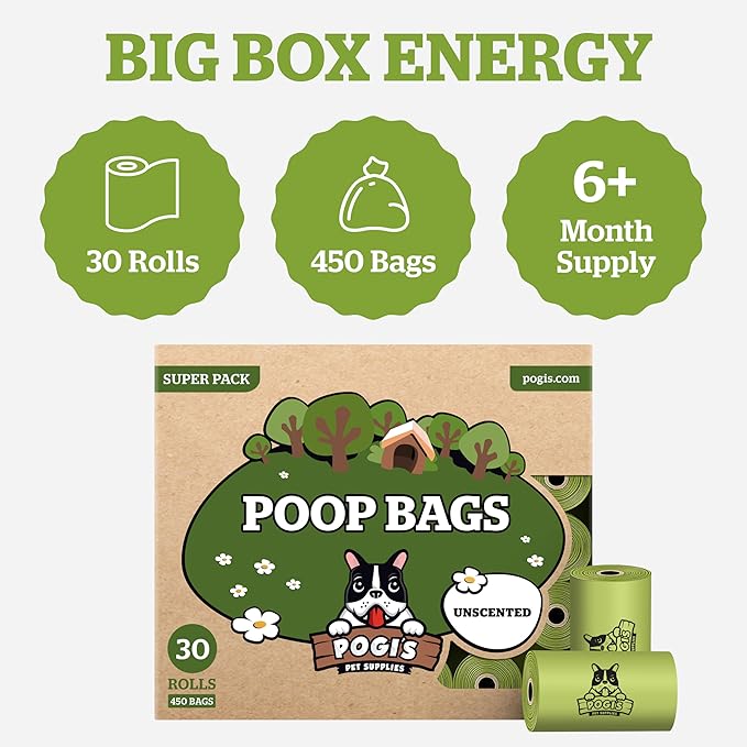 Pogi’s Dog Poop Bags – Leak-Proof & Extra Thick Pet Waste Bags (Unscented, 30 Rolls, 450-Count)
