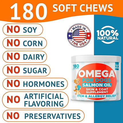 Omega 3 Fish Oil for Dogs (180Ct) - Skin&Coat Chews - Dry & Itchy Skin Relief + Allergy Support - Shiny Coat - EPA&DHA Fatty Acids - Alaskan Salmon Oil Chews Promotes Heart