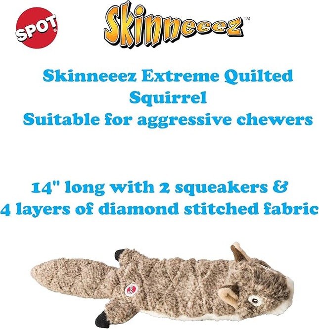 SPOT Skinneeez Extreme Quilted Squirrel- Durable, Stuffing Free Dog Toy with 4 Layers of Diamond Stitched Fabric & 2 Squeakers- Ideal For Small & Medium Aggressive Puppies and Dogs- 14in