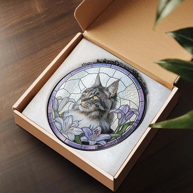 Gabita Custom Cat Portrait Stained Glass Window Hanging Light Catcher, Pet Memorial Stained Glass Photo, Cat Memorial Gift Pet Loss Sympathy Gift