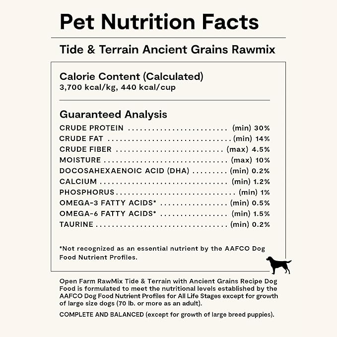 Open Farm, RawMix Dry Dog Food with Ancient Grains, Protein-Packed Kibble Coated in Bone Broth with Freeze Dried Raw Chunks, Pollock Beef & Salmon, Tide & Terrain Recipe, 3.5lb Bag