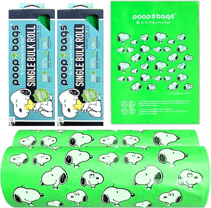 The Original Poop Bags® Peanuts XL Bulk Rolls, 600 Jumbo Dog Waste Bags, 38% Plant-Based, Unscented, Leak-Proof & Extra Thick, 2 Rolls