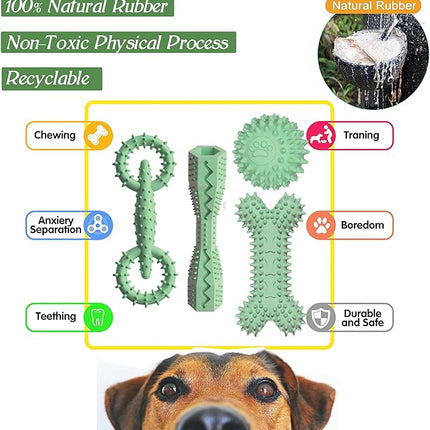 4 Pack Puppy Toys for 2-8 Months Pets Dog Chew Toy for Small Puppies Teething Toys for Cleaning Teeth Food Dispensing Soft Durable Rubber Bone Funny Ball Interactive Donut Treat Dumbbell (Green)
