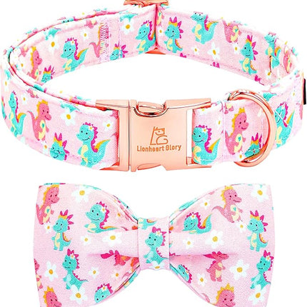 Lionheart glory Dog Bow Collar Dinosaurs Pattern Cute Collars for Small Dogs,Soft Duty Adjustable Dog Collar with Bowtie Spring Summer Puppy Collars Bows Pet Gift