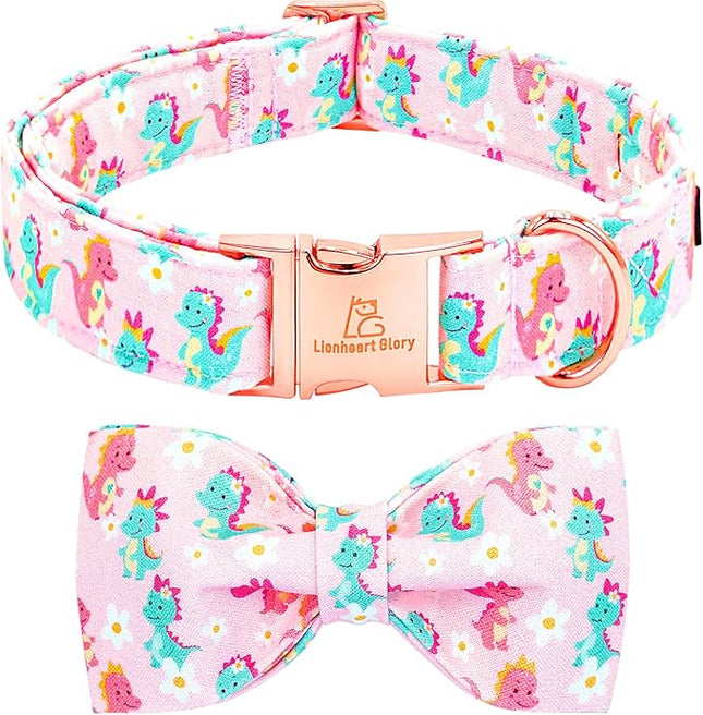 Lionheart glory Dog Bow Collar Dinosaurs Pattern Cute Collars for Medium Dogs,Soft Duty Adjustable Dog Collar with Bowtie Spring Summer Puppy Collars Bows Pet Gift