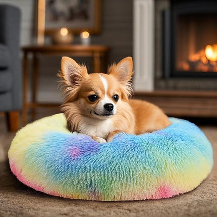 Hoewina Dog & Cat Bed, 20in Cat Beds for Indoor Cats, Calming Donut Bed for Puppy and Kitten, Washable Round Fluffy Pet Bed for Small Medium Dogs and Cats (Rainbow)