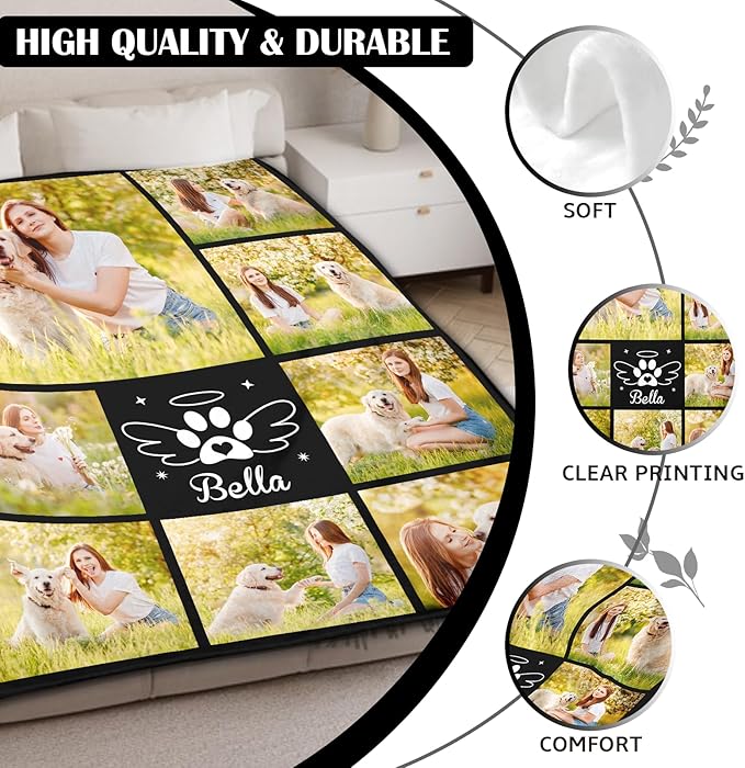 Personalized Pet Memorial Throw Blanket with Photo-Pet Memorial Gifts for Dogs Cats Loss of Dog Sympathy Gift Bereavement Remembrance Passing Away Gifts (8-Photo)