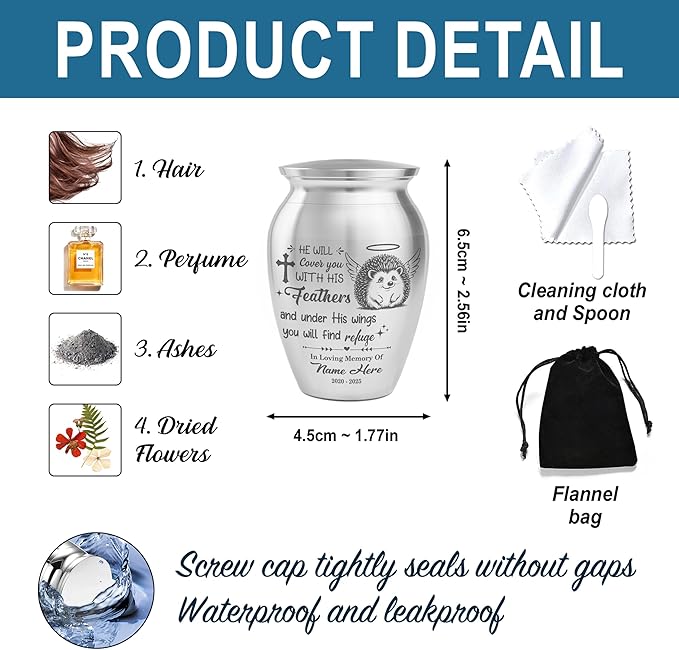 Artsy Woodsy Personalized Hedgehog Pet Memorial Cremation Mini Urn, Decorative Keepsake Small Urns for Ashes 2.56 inch, Remembrance Gifts for Pet Lovers in Loving Memory (06, 2.56x1.77)