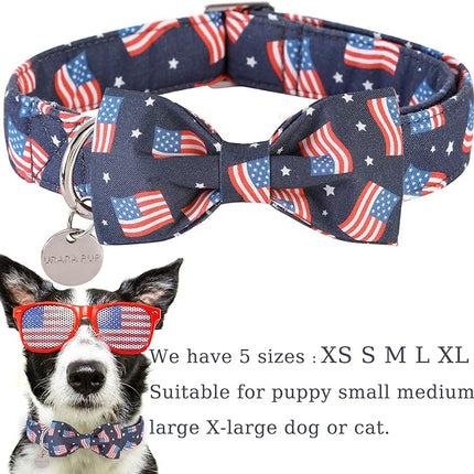 American Flag Dog Collar with Bow Tie, 4th of July Comfortable Cotton Cute Dog Collar with Metal Buckle, Patriotic Bowtie Collar for Puppy Girl Boy Dog, XL