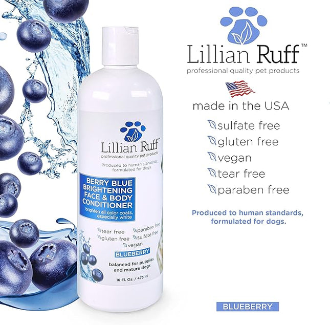 Lillian Ruff PRO Formula Berry Blue Brightening Dog Conditioner - Professional Whitening Conditioner Hydrate Dry Skin, Soften, Detangle, Restore Shine - Provitamin B5, USA Made 16oz