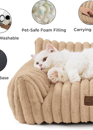 Bedsure Cute Cat Couch for Pets - Fluffy Small Dog Sofa with Premium Soft Corduroy Fleece, Pet Sofa with Removable Washable Cover, Supportive Dog Couch Bed for Small Medium Dogs, 30inch, Tuscan Beige