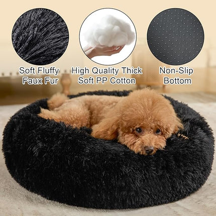 Dog Bed Calming Beds for Small Medium Large Dogs - Round Donut Washable Puppy Dog Bed, Anti-Slip Faux Fur Fluffy Donut Cuddle Anxiety Cat Pet Bed(32'' Black)