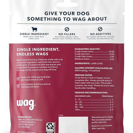 Amazon Brand - Wag Freeze-Dried Raw Single Ingredient Dog Treats, Lamb Liver, High Protein, Healthy Training Treats or Meal Topper for all Dogs, Grain-Free, 3.3oz