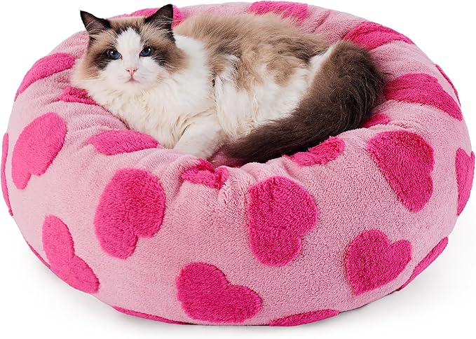 LE SURE Donut Small Dog Bed - Round Cat Beds for Indoor Cats Anti-Anxiety Calming Pet Beds, Washable Cute Modern Beds with Teddy Sherpa Plush & Anti Slip Bottom, 20 Inch, Heart Pink