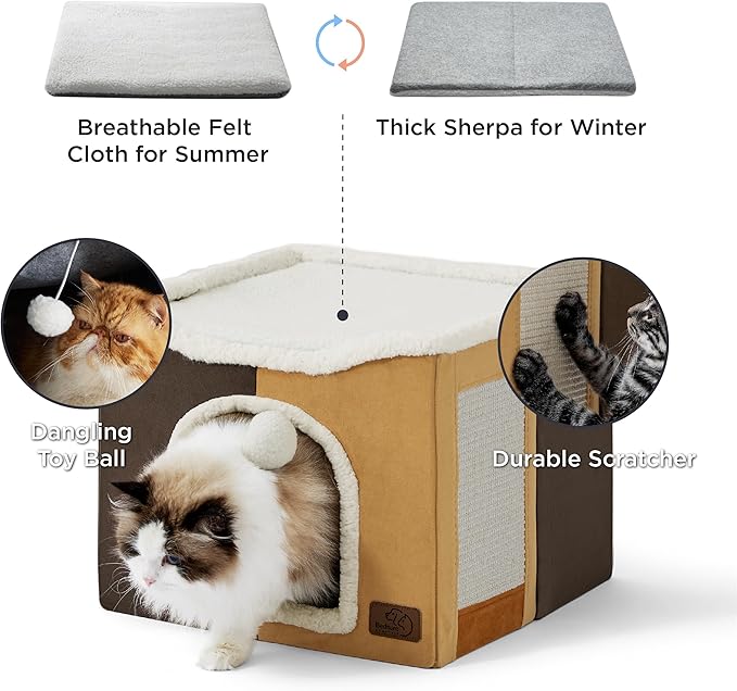 Bedsure Cat Beds for Indoor Cats - Large Cat Cave for Pet Cat House with Fluffy Ball Hanging and Scratch Pad, Foldable Cat Hideaway, 16.5x16.5x13 inches, Burnt Honeycomb
