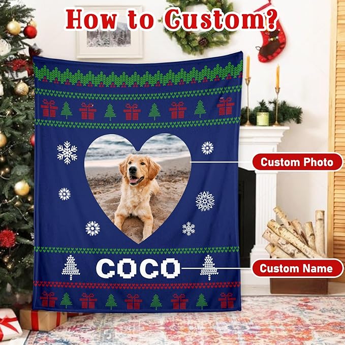 Custom Christmas Dog Blanket Gifts, Personalized Pet Blanket with Name, Customized Throw Blanket with Photo Name, for Pet Lovers, Dog Memorial Gifts for Loss of Cats Dogs