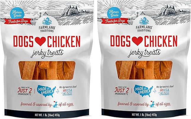 Farmland Traditions Dogs Love Chicken Jerky Dog Treats, Premium Two-Ingredient Dog Jerky with USA-Raised, Human-Grade Chicken & No Antibiotics Ever, 1 Pound (Pack of 2) Bag.