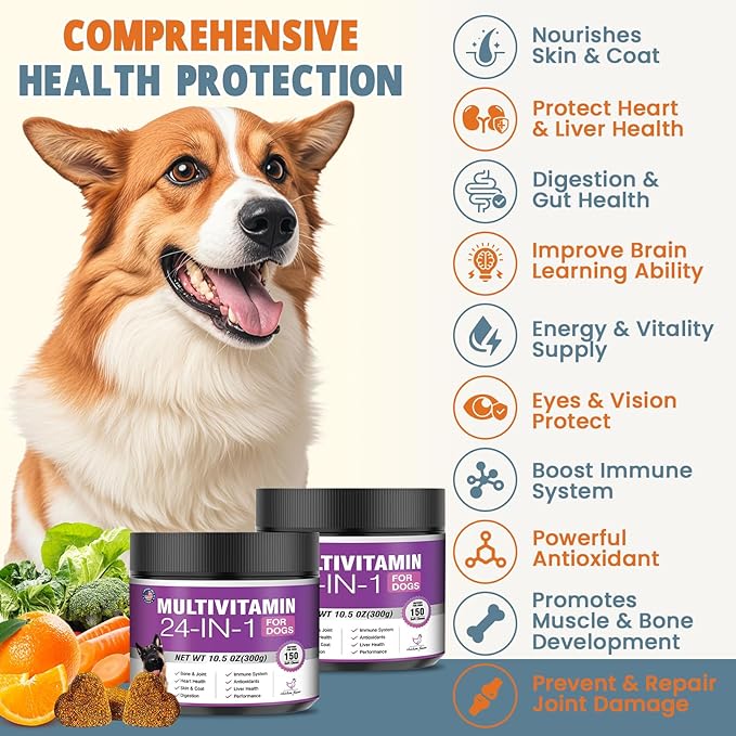 24-in-1 Dog Vitamins and Supplements 300 Ct Dogs Multivitamin Chewable Contain Chondroitin Probiotics Omega-3 Glucosamine for Dogs Skin Coat Heart Joint Gut Liver Brain Eyes Immune Support - Chicken
