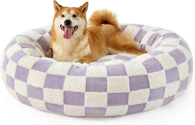 LE SURE Donut Large Dog Bed - Round Cat Beds for Indoor Anti-Anxiety Calming Pet Beds, Washable Cute Modern Beds with Jacquard Shaggy Plush & Anti Slip Bottom, 36 Inch, Purple