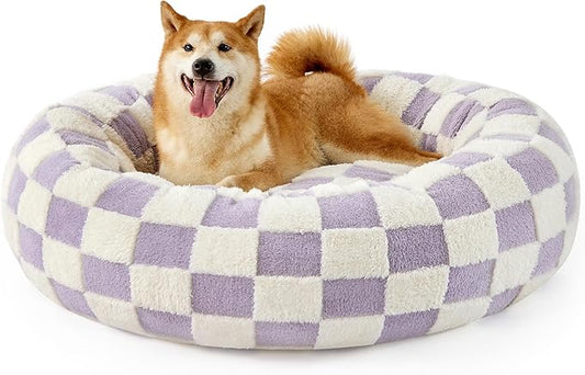 LE SURE Donut Large Dog Bed - Round Cat Beds for Indoor Anti-Anxiety Calming Pet Beds, Washable Cute Modern Beds with Jacquard Shaggy Plush & Anti Slip Bottom, 36 Inch, Purple