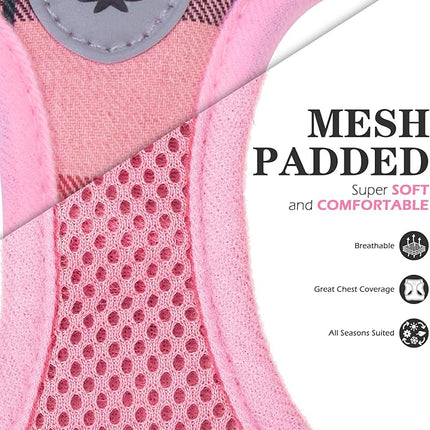 EXPAWLORER Classic Plaid Puppy Harness - Small Dog Harness and Leash Set - Dog Collar and Leash Set with AirTag Holder, Soft Padded Step in Dog Vest Harness No Pull Reflective for Outdoor, Pink XXS