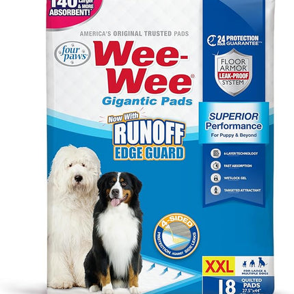 Four Paws Wee-Wee Superior Performance Pee Pads for Dogs with Runoff Barrier Edge Guard Protection, Puppy & Dog Potty Training Pads, Housebreaking Supplies, 27.5" x 44" (18 Count)