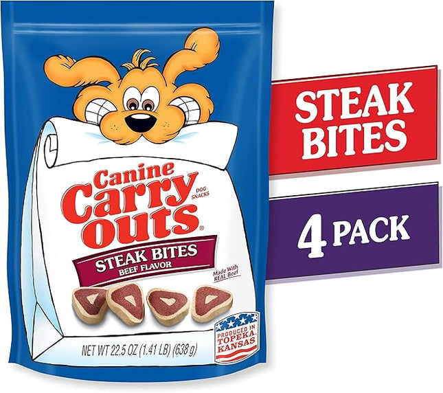 Canine Carry Outs Dog Treats, Steak Bites, 22.5 Ounce (Pack of 4), Made with Real Beef