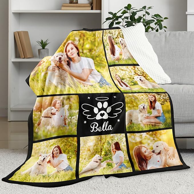 Personalized Pet Memorial Throw Blanket with Photo-Pet Memorial Gifts for Dogs Cats Loss of Dog Sympathy Gift Bereavement Remembrance Passing Away Gifts (8-Photo)