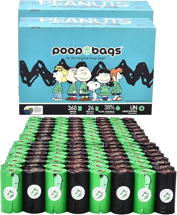 The Original Poop Bags® with Peanuts Snoopy Design | USDA Certified 38% Biobased Dog Waste Bags | Leak-Proof, Extra Thick, Strong & Unscented Pet Waste Rolls (720 Count)