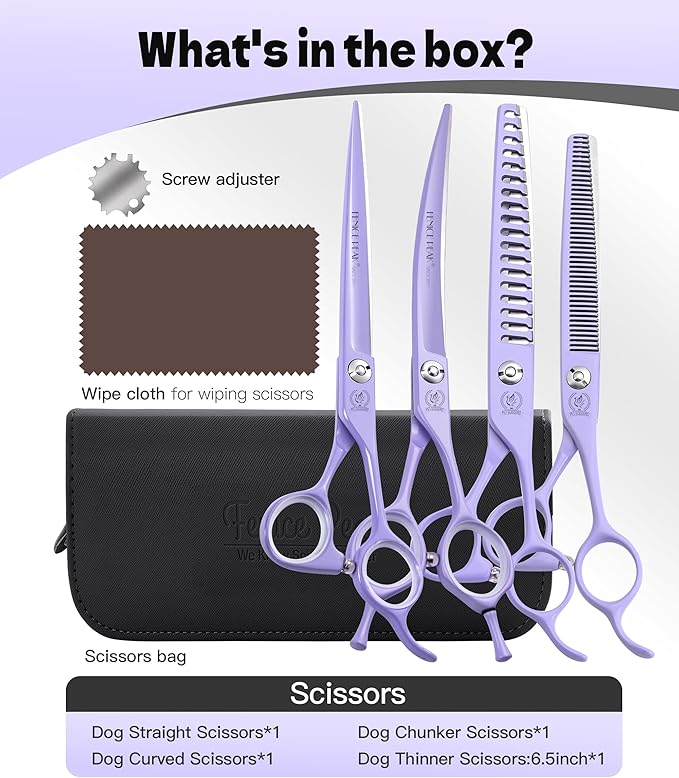 Fenice Peak 7" Professional Dog Grooming Scissors Set, Japanese 440C Stainless Steel Straight Thinning Curved Chunker Shears for Pet Grooming, Trimming Face, Paws, Violet