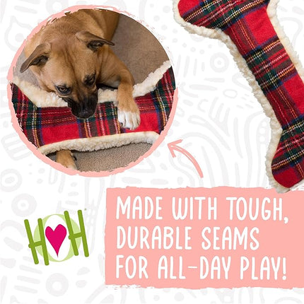 HuggleHounds Tartan Tidings Plush Bone Dog Toy - Dog Fuzzy Bone Toy, Soft Fleece, Durable, Stuffed Plush for Large Breeds, Puppies, Faux Sheepskin - 24" (1 Pack)