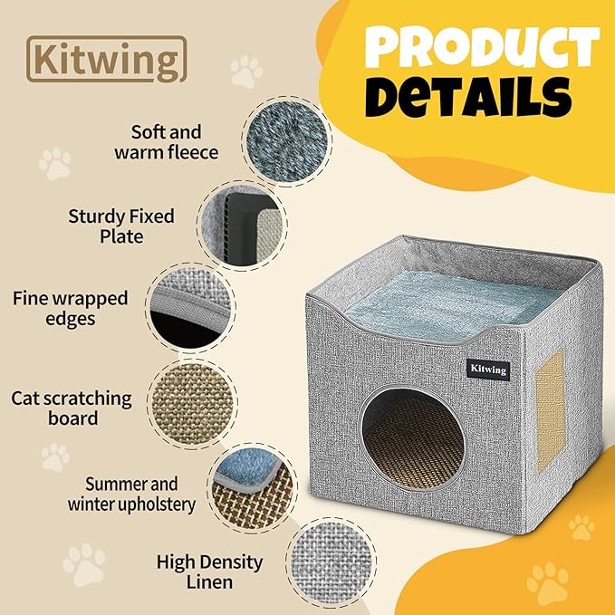 Cat Bed for Indoor Cats, Foldable Cat Hideaway Double Decker Cat House with Scratch Plate, Removable Cat Stuff and Washable Cat Cave for 1-2 Cats, 15.4x15.4x12.8 inches, Grey