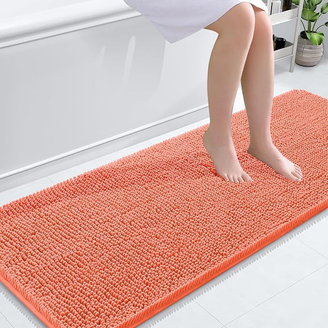 OLANLY Bathroom Rugs 59x24, Extra Soft Absorbent Chenille Bath Rugs, Rubber Backing Quick Dry, Machine Washable Bath Mats for Bathroom Floor, Tub and Shower, Home Decor Accessories, Coral