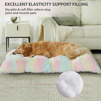 BFPETHOME Dog beds for Large Dogs, Plush Crate Bed with Fluffy Cozy Kennel pad, Washable Mats with Anti-Slip Bottom for Large Dogs, 41"x27", Rainbow