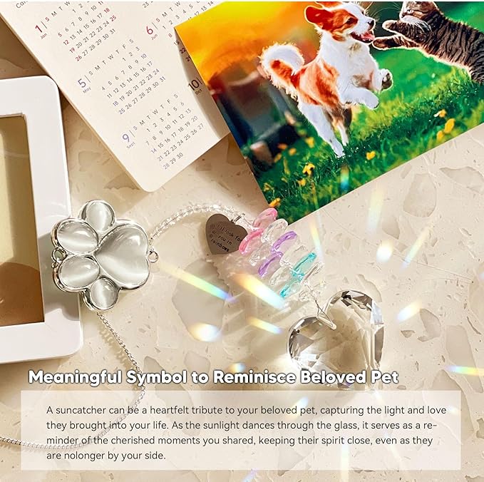 Pet Memorial Suncatcher - Loss of Dog Sympathy Gift, Pet Memorial Gifts for Dogs, Thoughtful Dogs and Cats Bereavement Remembrance Gifts, Gemstone Paw Crystal Suncatcher(White Stone)