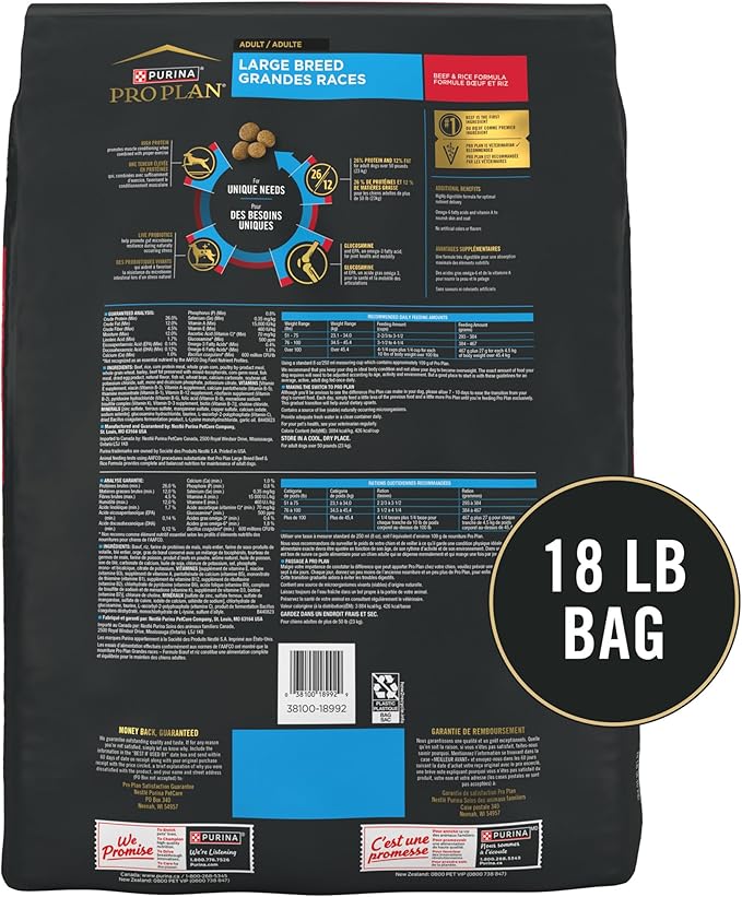 Purina Pro Plan Large Breed Dry High Protein Dog Food with Probiotics for Dogs, Beef and Rice Formula - 18 lb. Bag