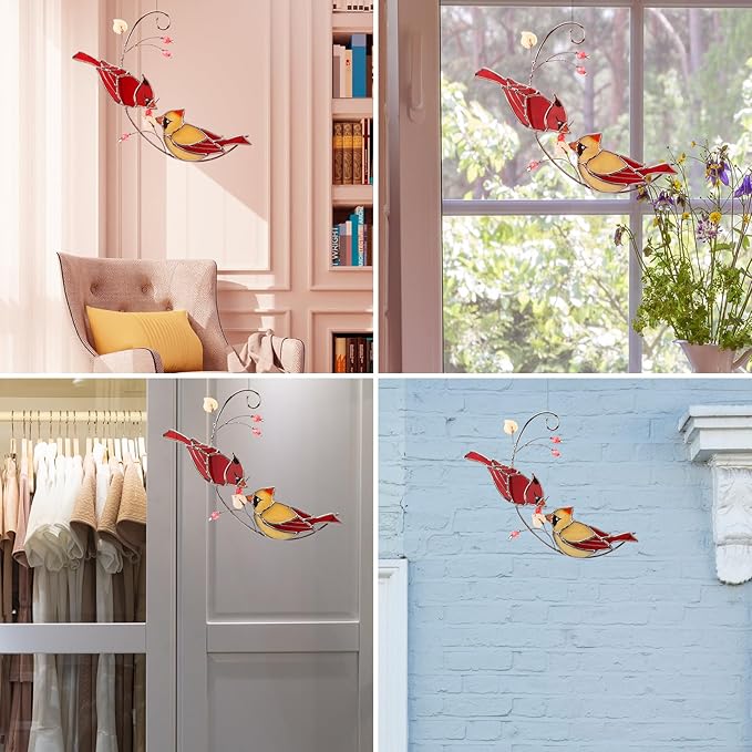 Handmade Cardinal Stained Glass Suncatcher Window Hanging Ornament for Christmas,Mother’s Day,Memorial Gifts,Red Birds Sun Catcher Decorative for Women, Mom, Grandma,Real Glass Unique Design