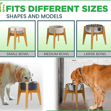 Dog Bowl Stand (12-inch High) - Ideal for Large Breeds - Adjustable Sideways, Slanted Feet - Elevates, Raises Pet Food Feeders, Water Dishes, Fountains, Dispensers - Bamboo Stand Only
