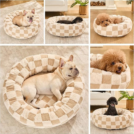 Dog Calming Beds for Small Medium Large Dogs - Round Donut Washable Puppy Dog Bed, Anti-Slip Faux Fur Fluffy Donut Cuddle Anxiety Cat Pet Bed (20" Grid)