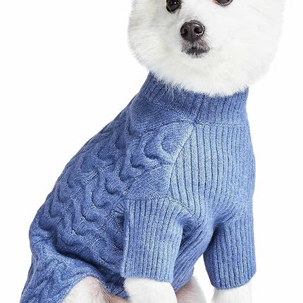 Blueberry Pet Classic Fuzzy Textured Knit Pullover Turtle-Neck Dog Sweater in Heather Blue, Back Length 16", Pack of 1 Clothes for Dogs