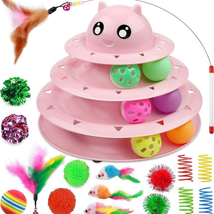 UPSKY 20 PCS Cat Roller 3-Level Turntable Set with Teaser, Mice, Spring and Balls Toys for Indoor Kittens
