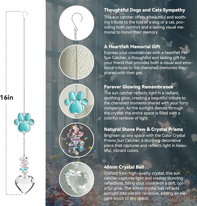 Pet Memorial Suncatcher - Dog Memorial Gifts, Pet Loss Sympathy, Thoughtful Dogs and Cats Bereavement Remembrance Gifts, Natural Cat's Eye Paw Crystal Suncatcher(Peacock Blue)