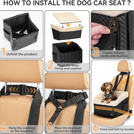 PETSFIT Small Dog Car Seat, Waterproof PU Leather Dog Booster Car Seat with Patented Safe Buckles, Detachable Dogs Seat Belt for Car, Dog Car Seat Medium Sized Dog up to 30 lbs (Black)