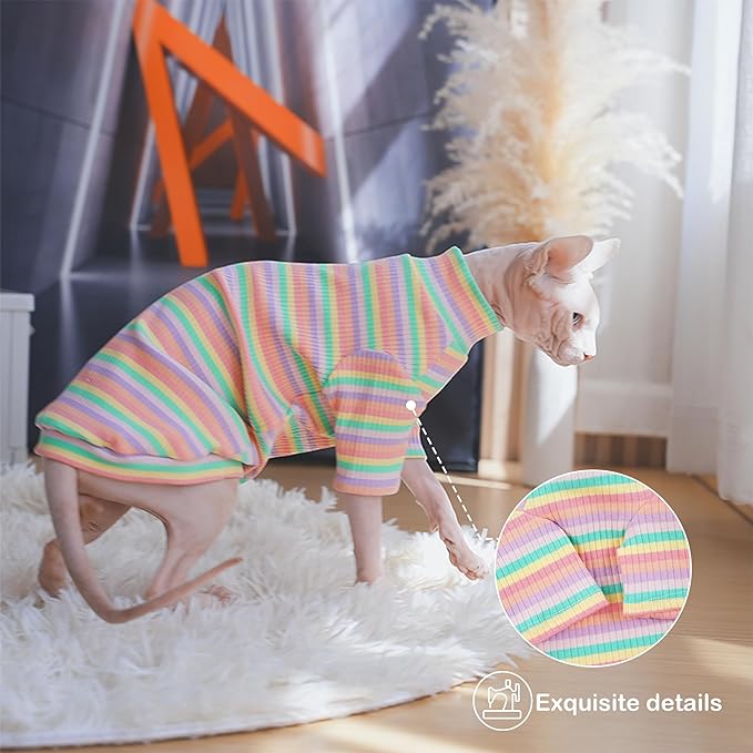 PUMYPOREITY Sphynx Cat Clothes - Soft Hairless Shirt With Sleeves, Stretchy Sweater, Pullover Pajamas Jumpsuit, Turtleneck Outfit for Sphynx Cornish Rex, Devon Rex - Rainbow, M